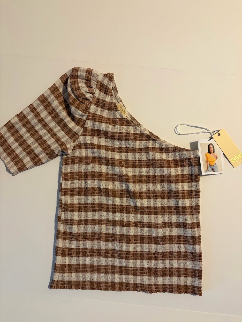 NATION LTD One Shoulder Smocked Plaid Top NWT